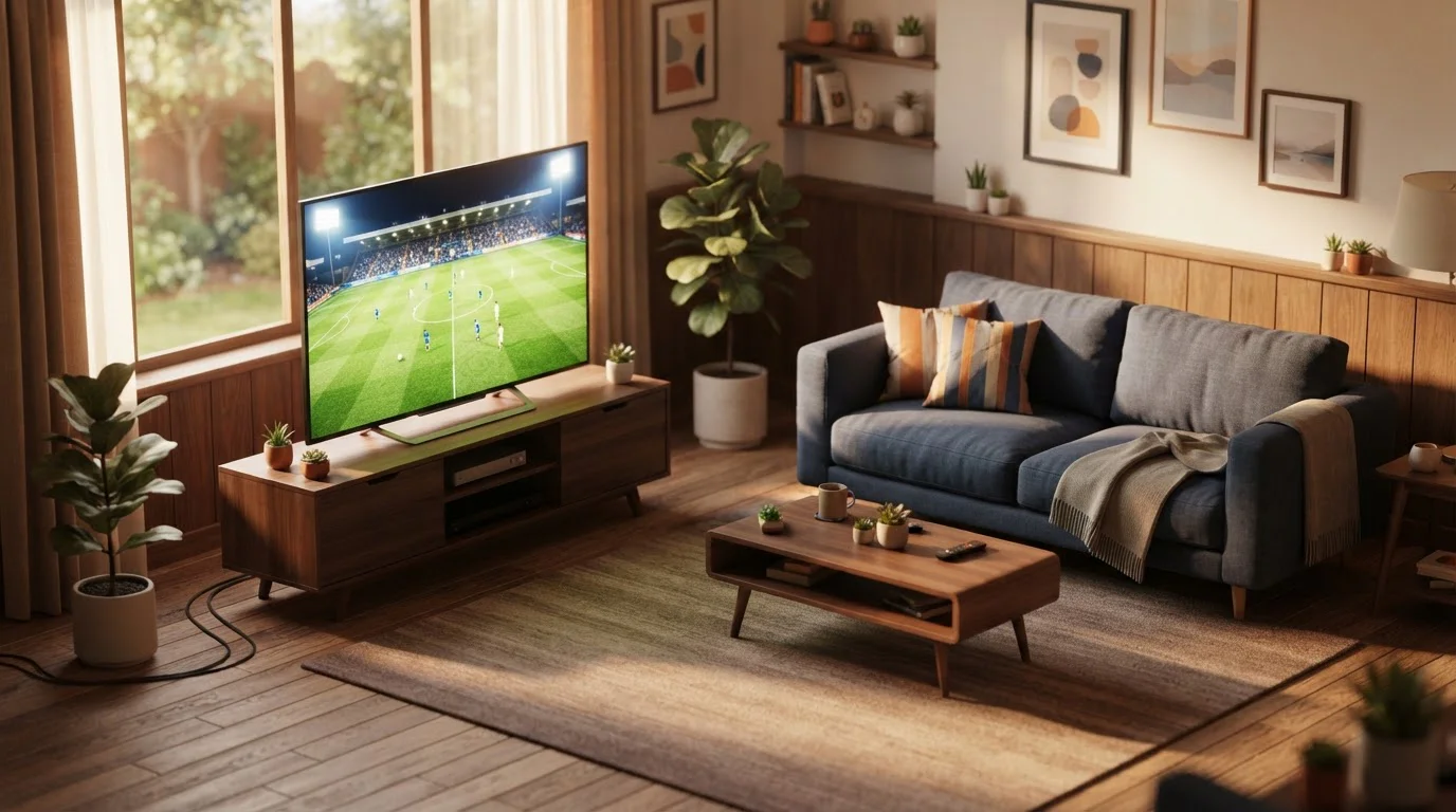 Fernseher mit beleuchtetem Fußballfeld in einem Wohnzimmer mit Sofa