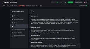 Betlive-Hilfebereich mit Informationen zu Einzahlungen und Auszahlungen