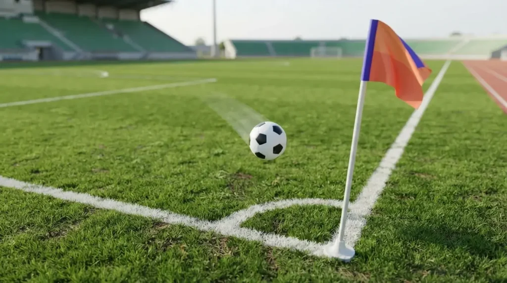 Fußball im Flug vor einem Tor auf einem beleuchteten Spielfeld
