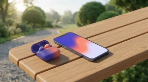 Mobiltelefon und Kopfhörer auf einer Holzbank im Park