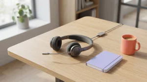 Telefonheadset neben einem Notizblock auf einem Schreibtisch